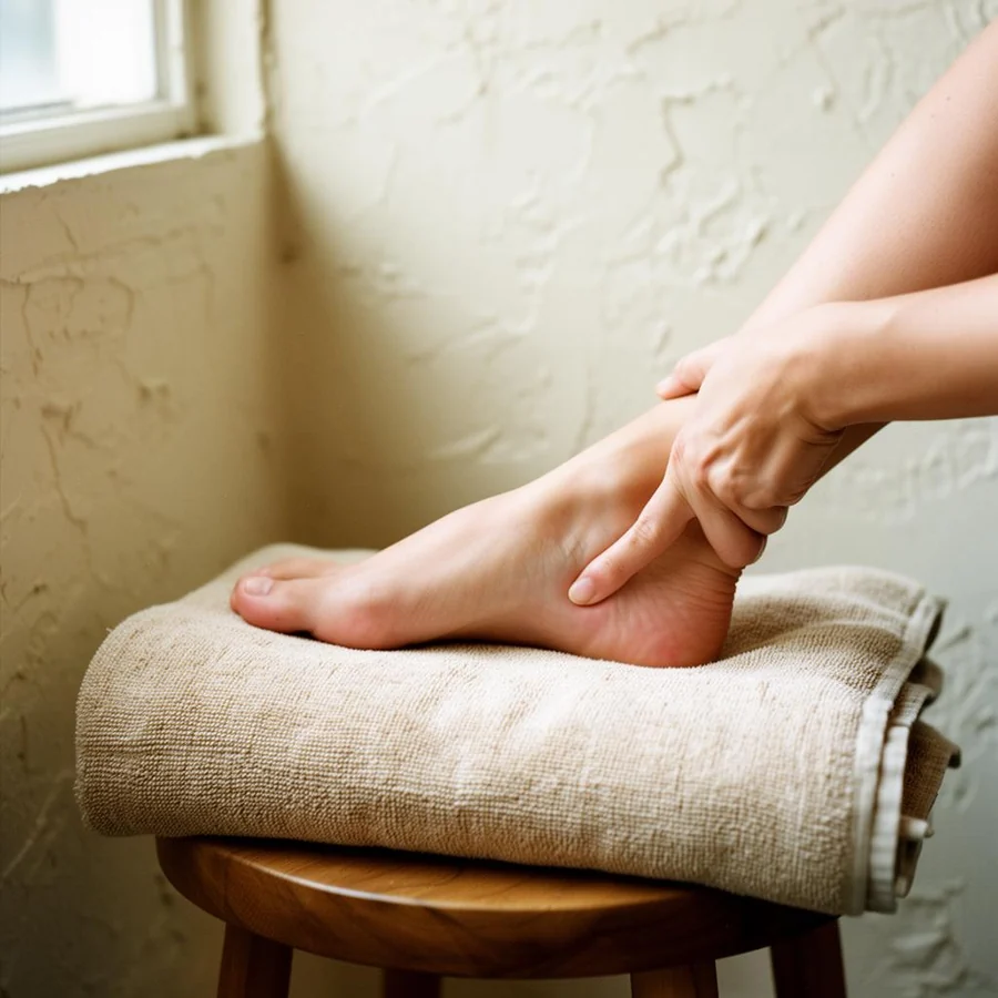 Therapist applying thumb pressure to the arch of a client's foot during a reflexology-style foot massage
