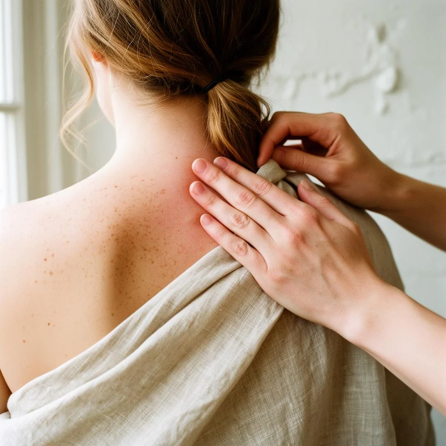Close focused pressure work on a client's neck and shoulder during a targeted massage