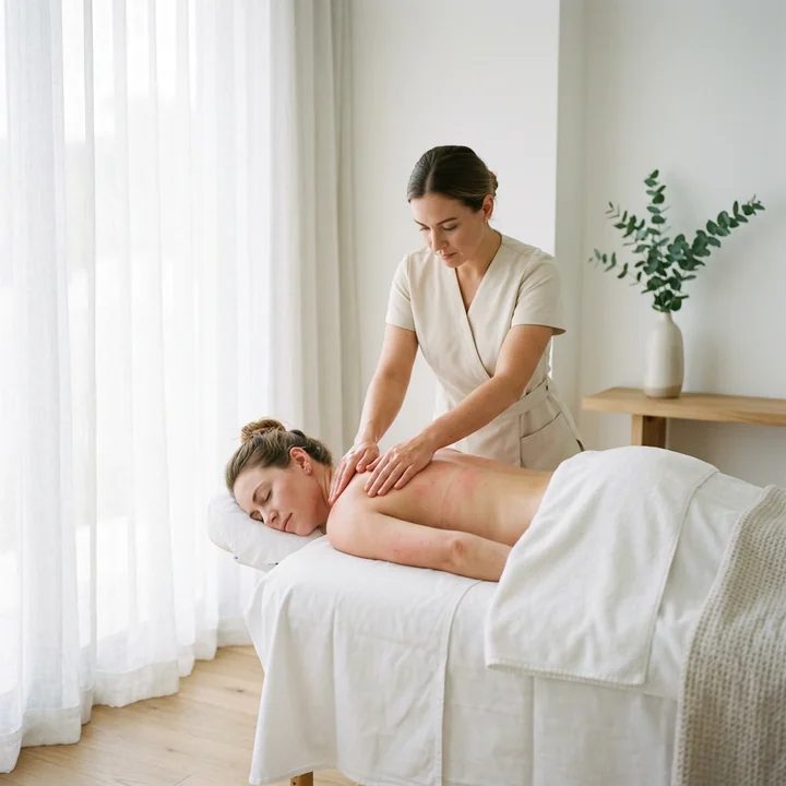 A therapist working with both hands along a draped client's upper back beside a bright window — the kind of full body work a massage near North Plains is booked for