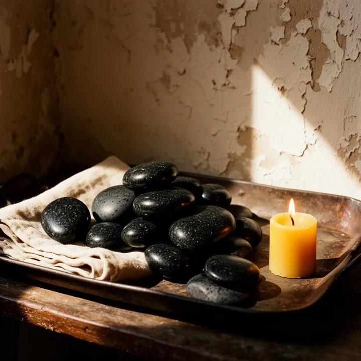 A tray of polished black basalt massage stones resting on folded linen beside a lit candle