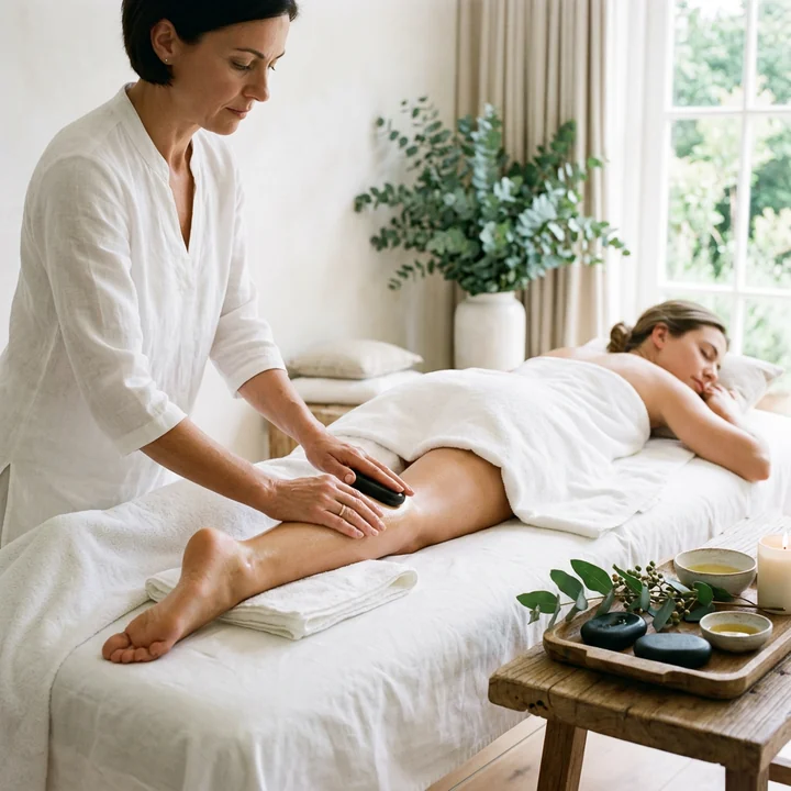 Therapist gliding a single warm stone along the back of a client's calf on a massage table