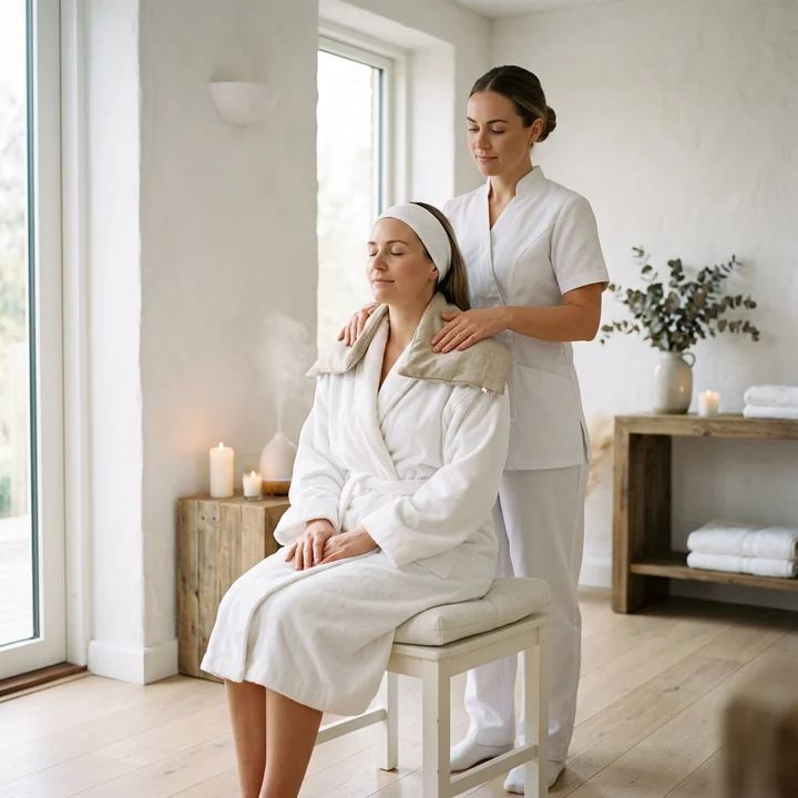 Therapist settling a warm compress across the shoulders of a client seated in a robe