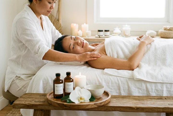 Therapist working a client's shoulder on a massage table, the client draped and lying face up — the ordinary shape of what to expect at your first massage