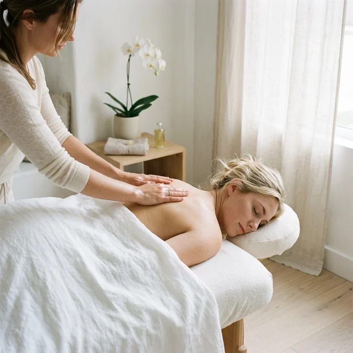 Therapist using long, flat-palmed gliding strokes along a client's back, the Swedish end of the deep tissue vs Swedish massage range