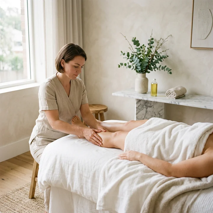 A seated therapist working along a draped client's forearm on a massage table